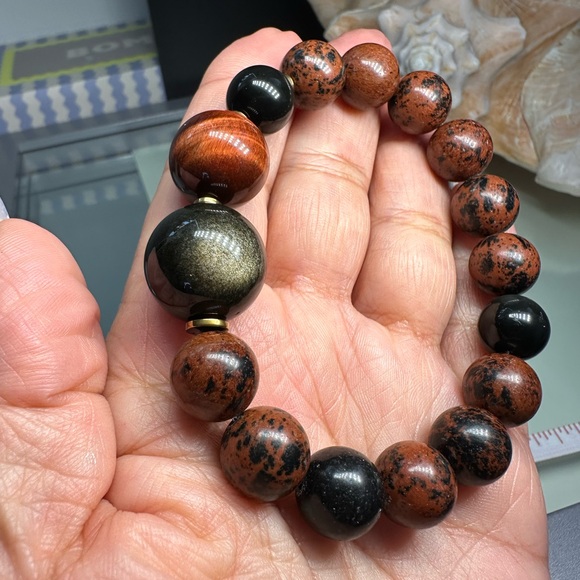 MAHOGANY OBSIDIAN + TIGERS NATURAL BRACELET Sz 7” - Picture 13 of 13